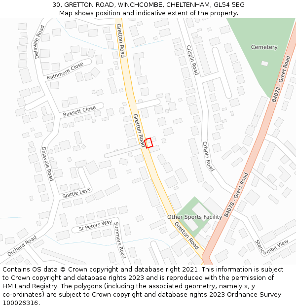 30, GRETTON ROAD, WINCHCOMBE, CHELTENHAM, GL54 5EG: Location map and indicative extent of plot
