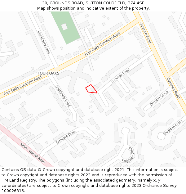 30, GROUNDS ROAD, SUTTON COLDFIELD, B74 4SE: Location map and indicative extent of plot