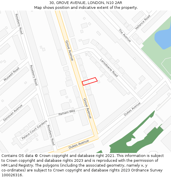 30, GROVE AVENUE, LONDON, N10 2AR: Location map and indicative extent of plot