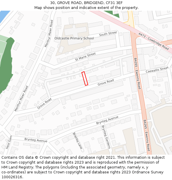 30, GROVE ROAD, BRIDGEND, CF31 3EF: Location map and indicative extent of plot