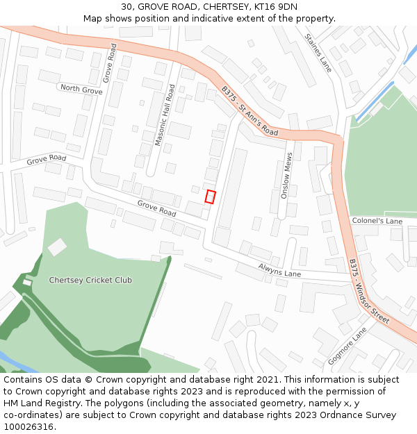 30, GROVE ROAD, CHERTSEY, KT16 9DN: Location map and indicative extent of plot