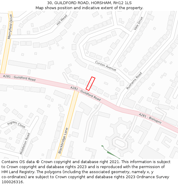 30, GUILDFORD ROAD, HORSHAM, RH12 1LS: Location map and indicative extent of plot