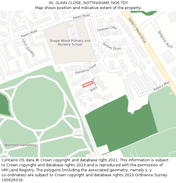 30, GUNN CLOSE, NOTTINGHAM, NG6 7DY: Location map and indicative extent of plot