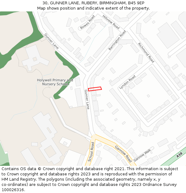 30, GUNNER LANE, RUBERY, BIRMINGHAM, B45 9EP: Location map and indicative extent of plot