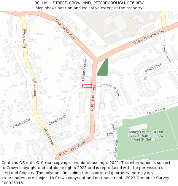 30, HALL STREET, CROWLAND, PETERBOROUGH, PE6 0EW: Location map and indicative extent of plot