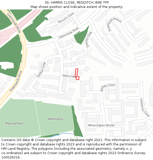 30, HARRIS CLOSE, REDDITCH, B98 7PP: Location map and indicative extent of plot