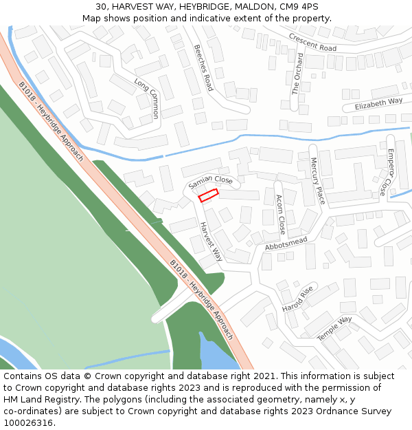 30, HARVEST WAY, HEYBRIDGE, MALDON, CM9 4PS: Location map and indicative extent of plot