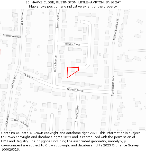 30, HAWKE CLOSE, RUSTINGTON, LITTLEHAMPTON, BN16 2AT: Location map and indicative extent of plot