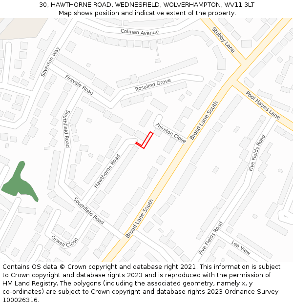 30, HAWTHORNE ROAD, WEDNESFIELD, WOLVERHAMPTON, WV11 3LT: Location map and indicative extent of plot