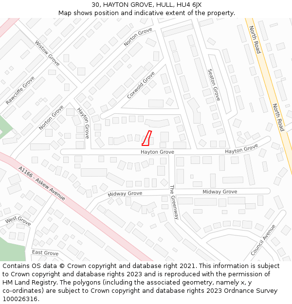 30, HAYTON GROVE, HULL, HU4 6JX: Location map and indicative extent of plot
