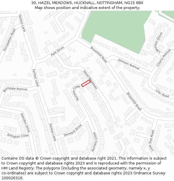 30, HAZEL MEADOWS, HUCKNALL, NOTTINGHAM, NG15 6BX: Location map and indicative extent of plot