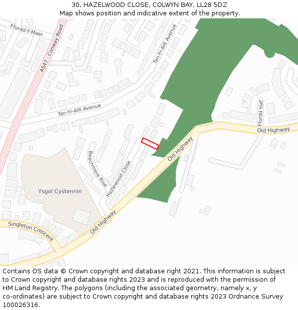 30, HAZELWOOD CLOSE, COLWYN BAY, LL28 5DZ: Location map and indicative extent of plot