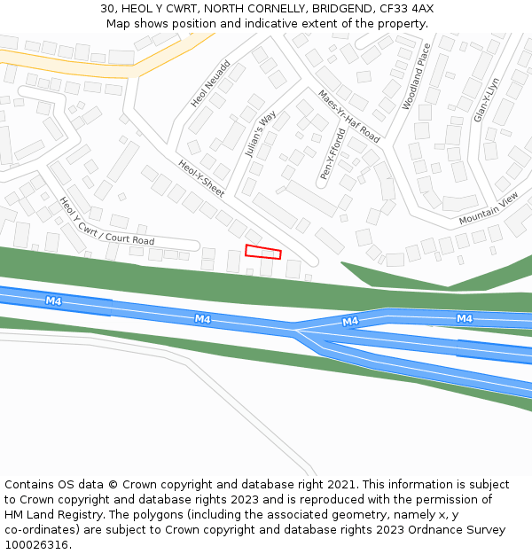 30, HEOL Y CWRT, NORTH CORNELLY, BRIDGEND, CF33 4AX: Location map and indicative extent of plot