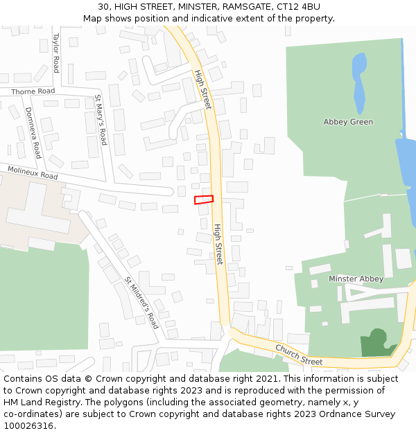 30, HIGH STREET, MINSTER, RAMSGATE, CT12 4BU: Location map and indicative extent of plot