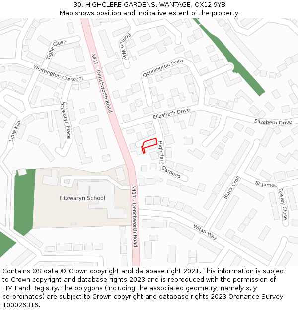 30, HIGHCLERE GARDENS, WANTAGE, OX12 9YB: Location map and indicative extent of plot