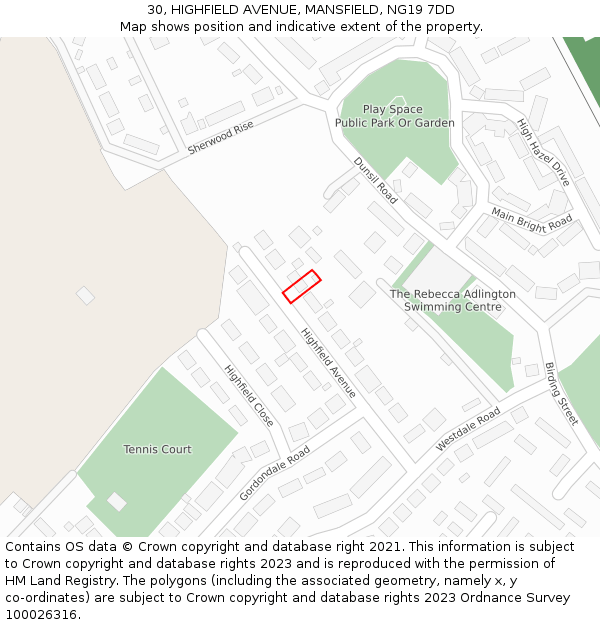 30, HIGHFIELD AVENUE, MANSFIELD, NG19 7DD: Location map and indicative extent of plot