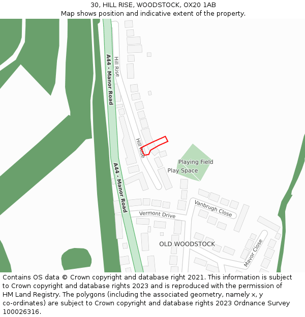 30, HILL RISE, WOODSTOCK, OX20 1AB: Location map and indicative extent of plot