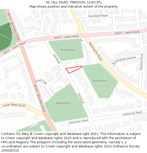 30, HILL ROAD, PRENTON, CH43 8TL: Location map and indicative extent of plot