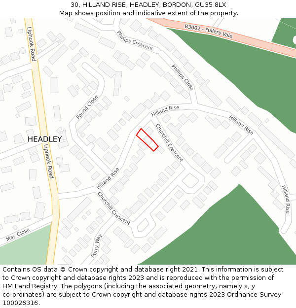 30, HILLAND RISE, HEADLEY, BORDON, GU35 8LX: Location map and indicative extent of plot