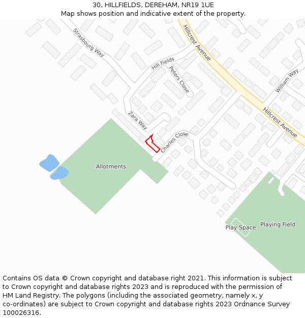 30, HILLFIELDS, DEREHAM, NR19 1UE: Location map and indicative extent of plot