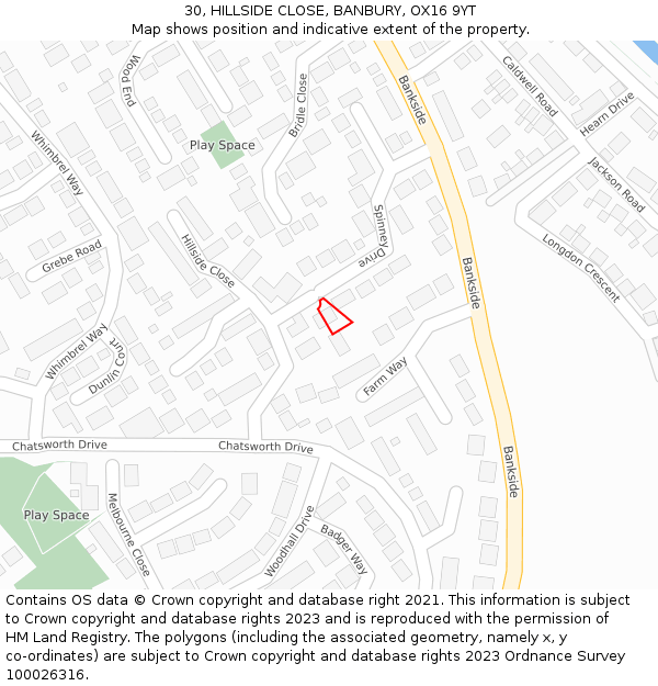 30, HILLSIDE CLOSE, BANBURY, OX16 9YT: Location map and indicative extent of plot