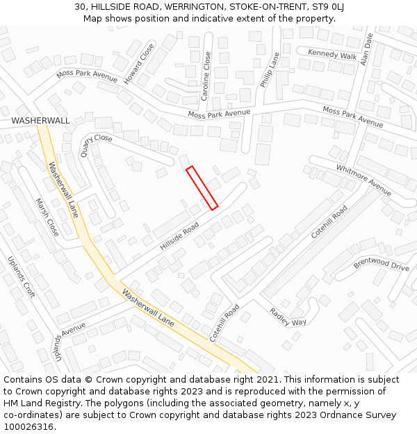 30, HILLSIDE ROAD, WERRINGTON, STOKE-ON-TRENT, ST9 0LJ: Location map and indicative extent of plot