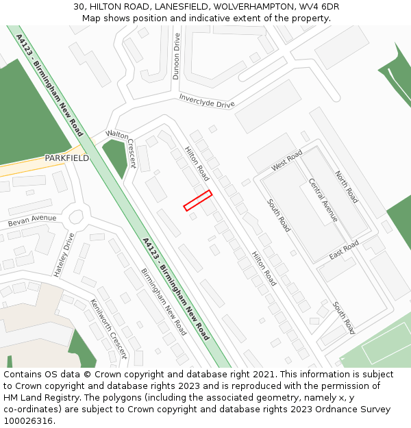 30, HILTON ROAD, LANESFIELD, WOLVERHAMPTON, WV4 6DR: Location map and indicative extent of plot