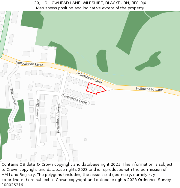 30, HOLLOWHEAD LANE, WILPSHIRE, BLACKBURN, BB1 9JX: Location map and indicative extent of plot
