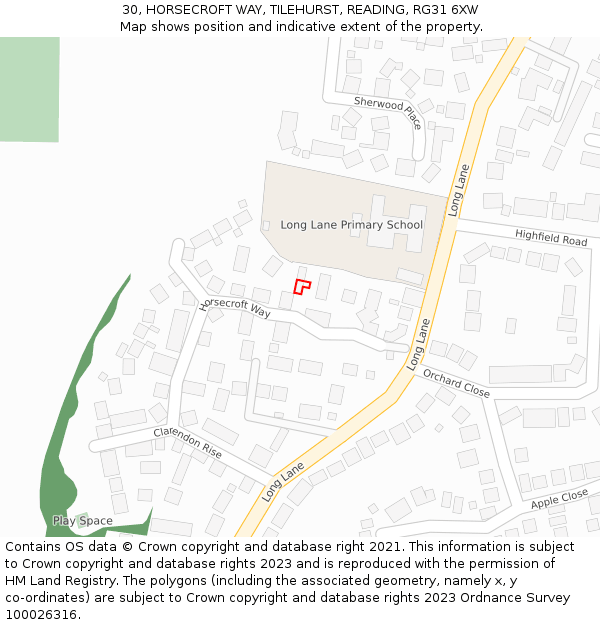 30, HORSECROFT WAY, TILEHURST, READING, RG31 6XW: Location map and indicative extent of plot