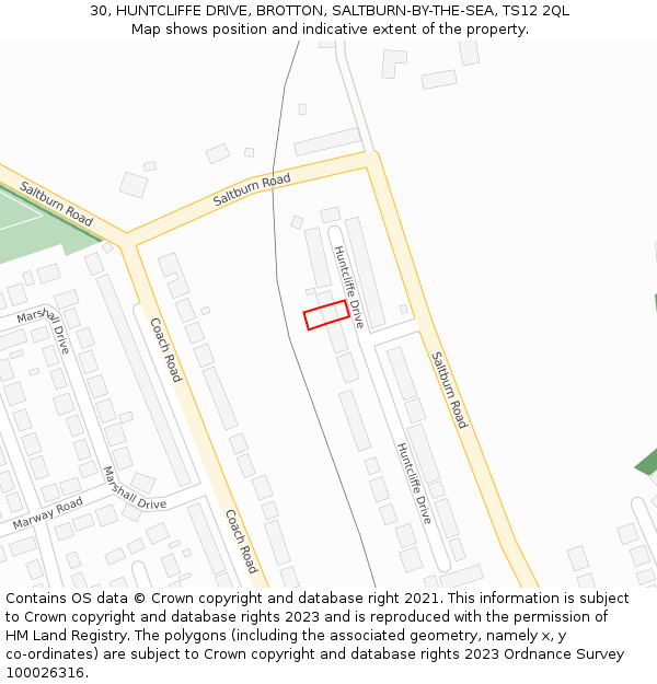 30, HUNTCLIFFE DRIVE, BROTTON, SALTBURN-BY-THE-SEA, TS12 2QL: Location map and indicative extent of plot