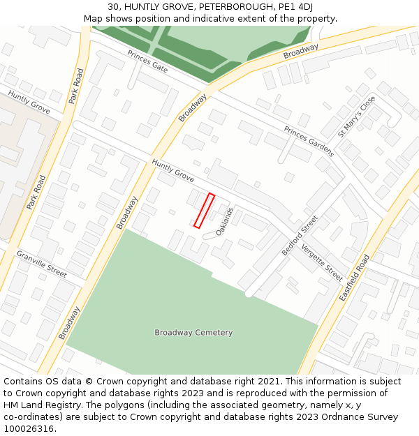 30, HUNTLY GROVE, PETERBOROUGH, PE1 4DJ: Location map and indicative extent of plot