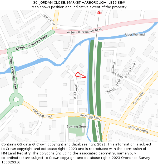 30, JORDAN CLOSE, MARKET HARBOROUGH, LE16 8EW: Location map and indicative extent of plot