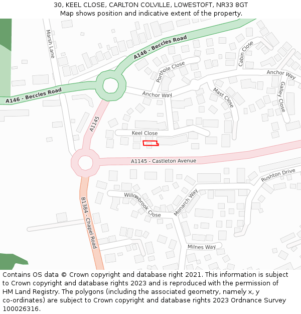 30, KEEL CLOSE, CARLTON COLVILLE, LOWESTOFT, NR33 8GT: Location map and indicative extent of plot
