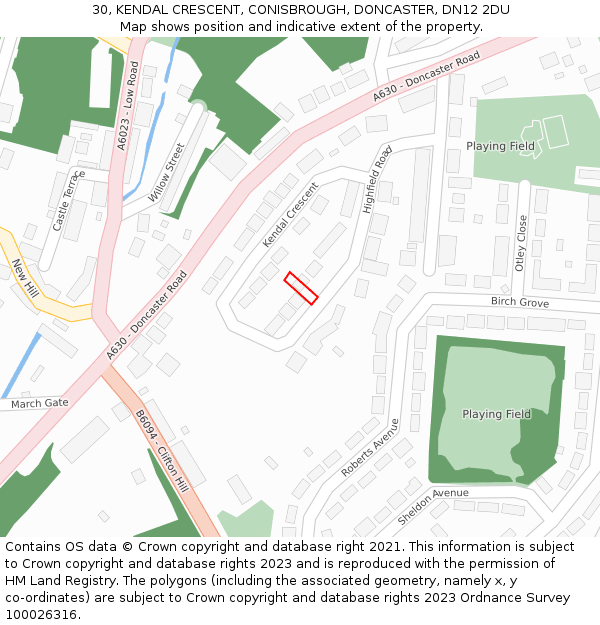 30, KENDAL CRESCENT, CONISBROUGH, DONCASTER, DN12 2DU: Location map and indicative extent of plot