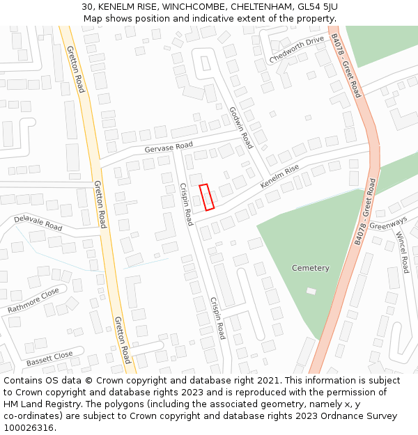 30, KENELM RISE, WINCHCOMBE, CHELTENHAM, GL54 5JU: Location map and indicative extent of plot