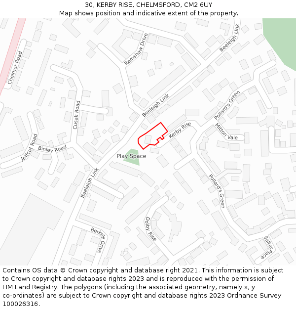 30, KERBY RISE, CHELMSFORD, CM2 6UY: Location map and indicative extent of plot