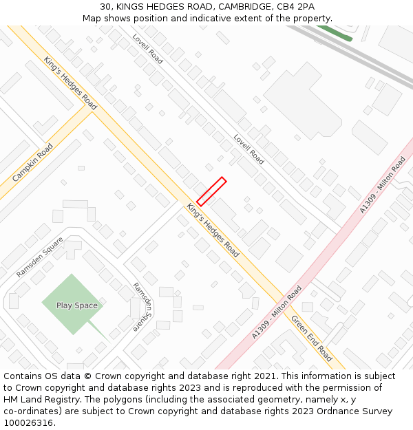 30, KINGS HEDGES ROAD, CAMBRIDGE, CB4 2PA: Location map and indicative extent of plot