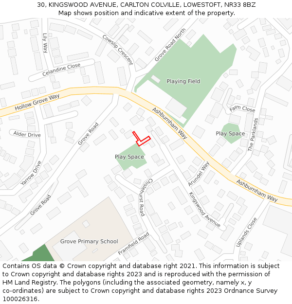 30, KINGSWOOD AVENUE, CARLTON COLVILLE, LOWESTOFT, NR33 8BZ: Location map and indicative extent of plot