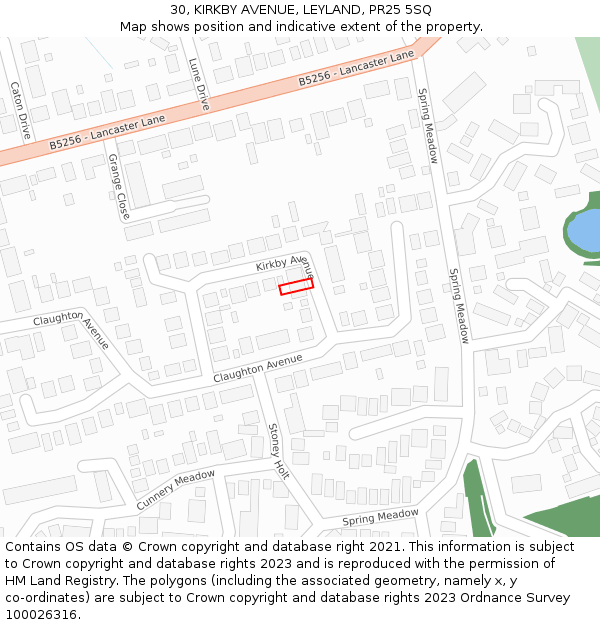 30, KIRKBY AVENUE, LEYLAND, PR25 5SQ: Location map and indicative extent of plot