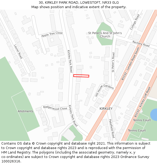 30, KIRKLEY PARK ROAD, LOWESTOFT, NR33 0LG: Location map and indicative extent of plot
