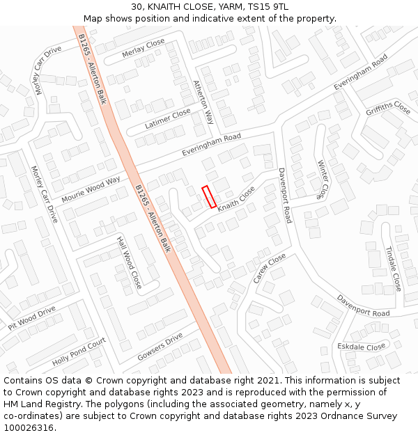 30, KNAITH CLOSE, YARM, TS15 9TL: Location map and indicative extent of plot