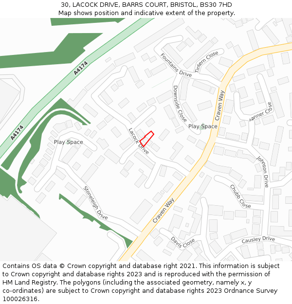30, LACOCK DRIVE, BARRS COURT, BRISTOL, BS30 7HD: Location map and indicative extent of plot