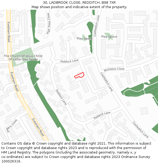 30, LADBROOK CLOSE, REDDITCH, B98 7XR: Location map and indicative extent of plot