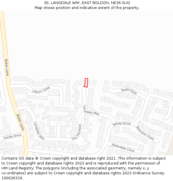 30, LANGDALE WAY, EAST BOLDON, NE36 0UG: Location map and indicative extent of plot