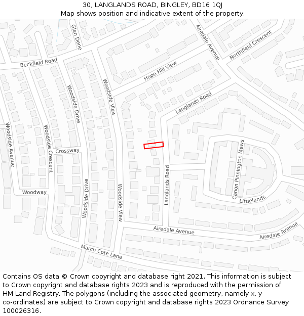 30, LANGLANDS ROAD, BINGLEY, BD16 1QJ: Location map and indicative extent of plot
