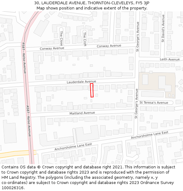 30, LAUDERDALE AVENUE, THORNTON-CLEVELEYS, FY5 3JP: Location map and indicative extent of plot