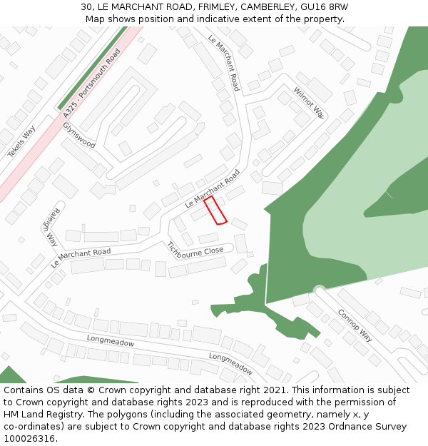 30, LE MARCHANT ROAD, FRIMLEY, CAMBERLEY, GU16 8RW: Location map and indicative extent of plot