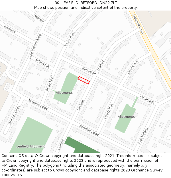 30, LEAFIELD, RETFORD, DN22 7LT: Location map and indicative extent of plot