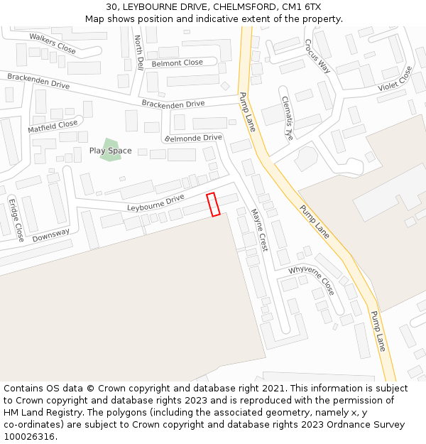 30, LEYBOURNE DRIVE, CHELMSFORD, CM1 6TX: Location map and indicative extent of plot