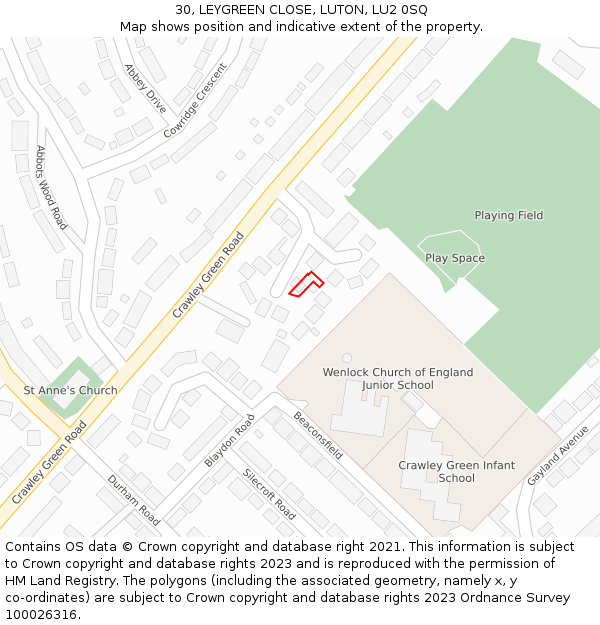 30, LEYGREEN CLOSE, LUTON, LU2 0SQ: Location map and indicative extent of plot